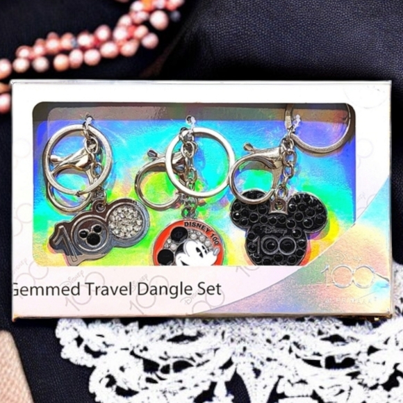 Disney 100 MICKEY MOUSE Set of 3 Gemmed Bag Dangle Charms Keyrings NEW in packag - Picture 3 of 6